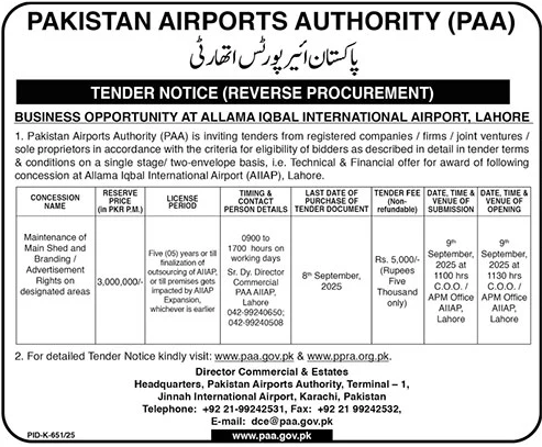 Pakistan Airports Authority Karachi Tender Notice